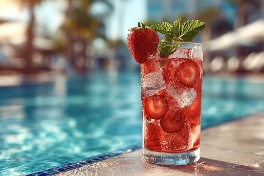 Glass of refreshing strawberry cocktail with ice and mint leaves sits on the edge of a swimming pool on a sunny summer day, offering a perfect way to cool off and enjoy the vacation