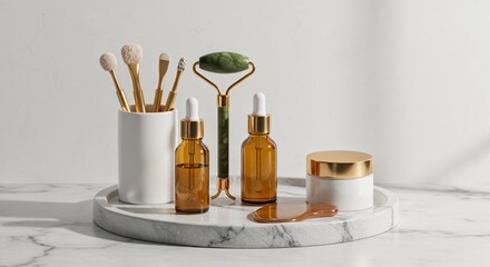 Skincare and facial massage tools on marble tray setup
