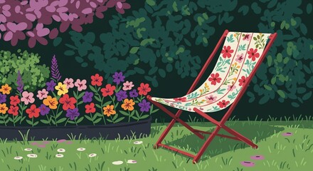 Folding chair with floral fabric near flower bed in garden