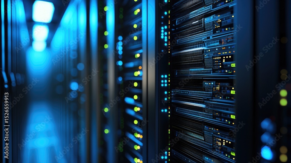 Poster Advanced data center with glowing blue and green indicator lights on stacked server racks, perfect for cloud infrastructure, IT management, cybersecurity, and digital storage themes