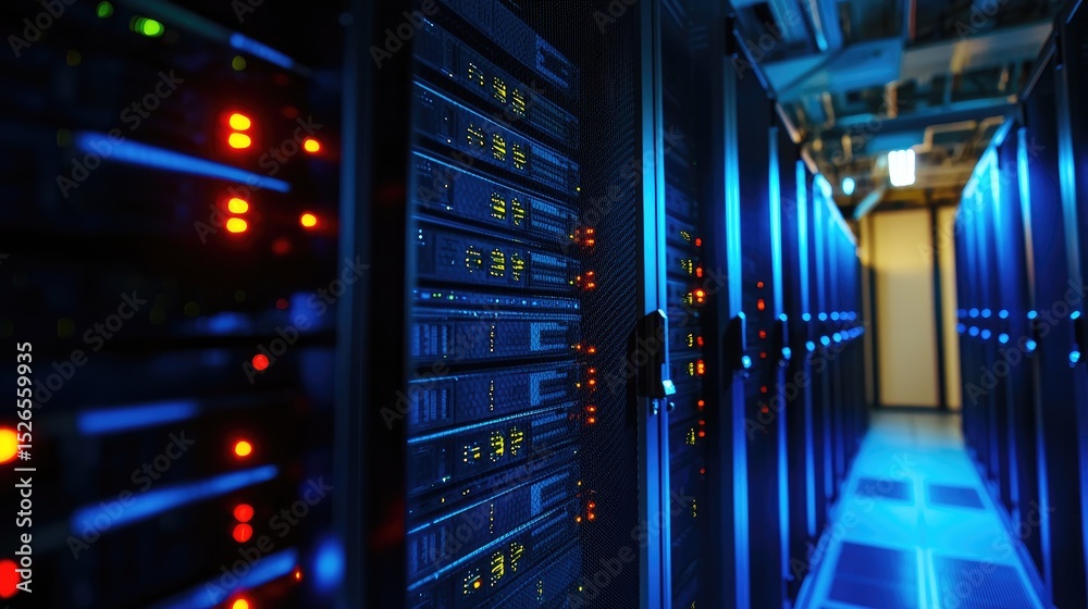 Leinwandbilder Data center corridor with active server racks featuring blue and red indicator lights, suitable for cybersecurity, data storage, cloud infrastructure, and IT system visuals
