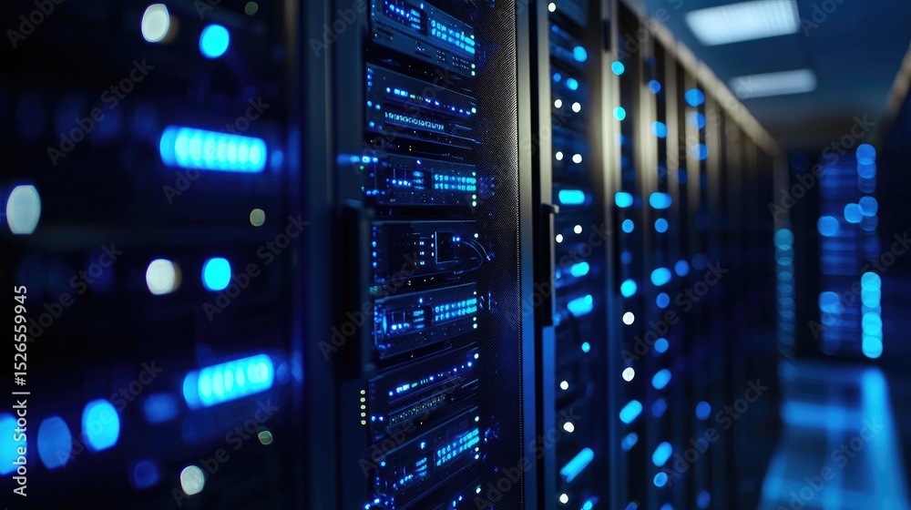 Fototapete Glowing blue server racks in a modern data center with blinking LEDs, ideal for visuals on cloud technology, IT infrastructure, digital security, and enterprise networking