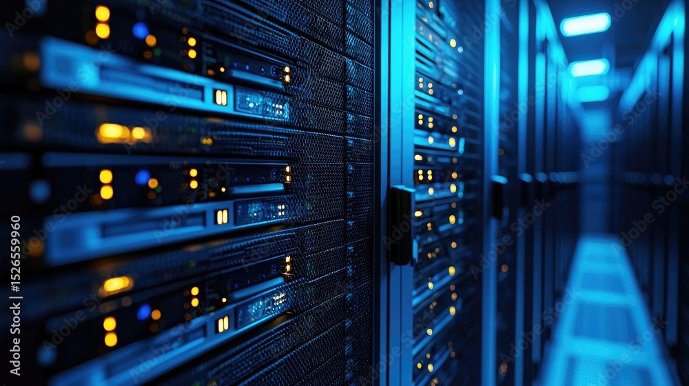 Aufkleber High-tech blue-lit data center with rows of server racks and illuminated hardware, ideal for cybersecurity, networking, AI infrastructure, and cloud computing visuals