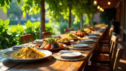 Fototapeta premium A sun-drenched outdoor dining experience with a long wooden table laden with delicious food and waiting plates