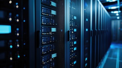Modern secure server room with glowing blue LED racks and high-performance network systems, ideal for cloud computing, data management, cybersecurity, and IT visuals