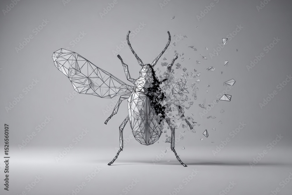 Poster 3D Wireframe Bug Symbol Shattering Apart in a Striking Visual Representation of Fragmentation and Transformation