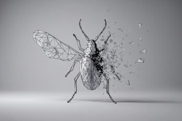 3D Wireframe Bug Symbol Shattering Apart in a Striking Visual Representation of Fragmentation and Transformation