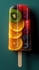 Photorealistic fruit ice cream on turquoise background - frozen whole fruits.