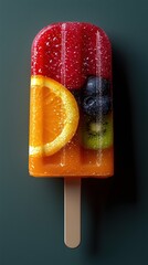 Photorealistic fruit ice cream on turquoise background - frozen whole fruits.