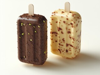 Photorealistic image of pistachio and chocolate ice cream on a white background.