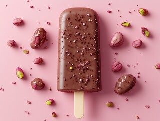Photorealistic image of pistachio chocolate ice cream on a pale pink background.