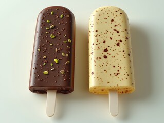 Photorealistic image of pistachio and chocolate ice cream on a white background.