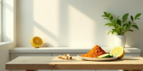Sunlight Illuminates a Tabletop Still Life Featuring Turmeric Powder, Lemon Slices, and Cucumber with Natural Light Enhancing the Vibrant Colors and Textures