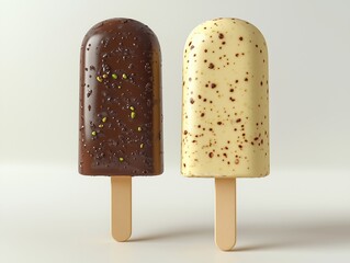 Photorealistic image of pistachio and chocolate ice cream on a white background.