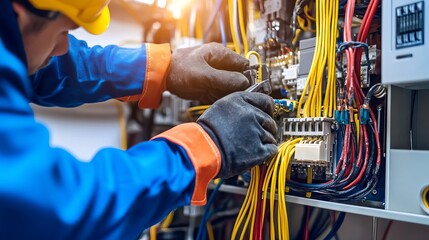 Electrical panel maintenance electrician working on circuit breaker wiring and safety inspection repair service