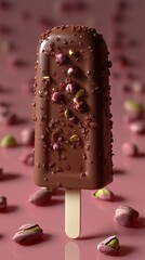 Image of pistachio chocolate ice cream on a pale pink background.