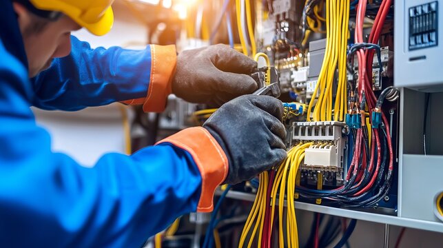 Electrical panel maintenance electrician working on circuit breaker wiring and safety inspection repair service
