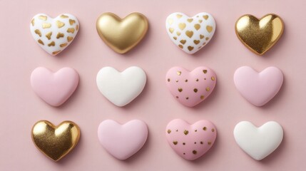 A colorful arrangement of heart-shaped cookies decorated with gold and pink details on a soft pink background, Ideal for use in romantic themes, invitations, or dessert promotions,
