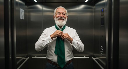 Smiling senior man tying green tie in elevator