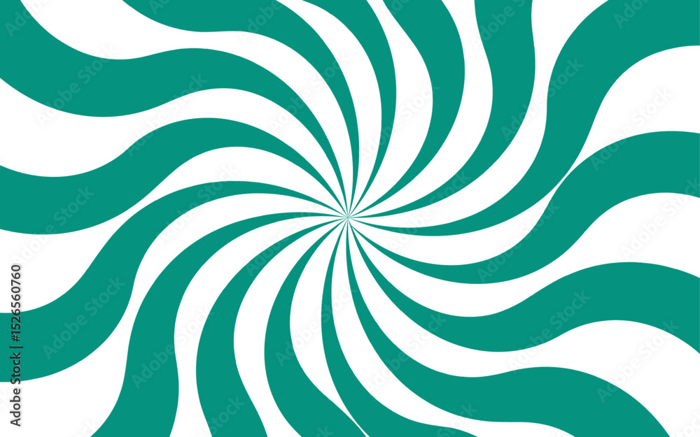 Poster Abstract dynamic vibrant background with bright teal and white spiral rays. Sunburst pinwheel design, with sense of movement and energy. Wavy, curved stripes twist with a visual illusion of spinning
