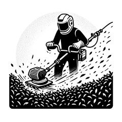 Man using weed trimmer in outdoor landscape with grass flying  