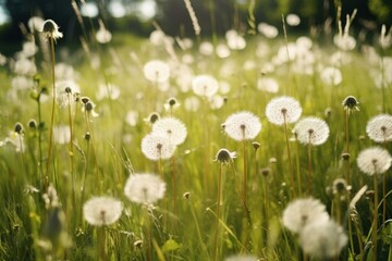 Wild grass dandelions flower field backgrounds.