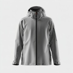 Gray athletic jacket with hood.  Durable, lightweight, and water-resistant.  Zippered front closure.  Stylish design