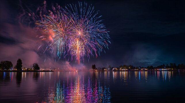 Fireworks display over water beautiful reflection celebration event festive night sky colorful pyrotechnics
