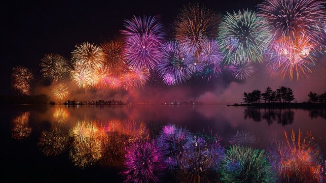 Celebration fireworks display over water reflecting night sky festive event colorful pyrotechnics show 100