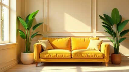 Sunlit Living Room with Mustard Yellow Sofa and Lush Indoor Plants