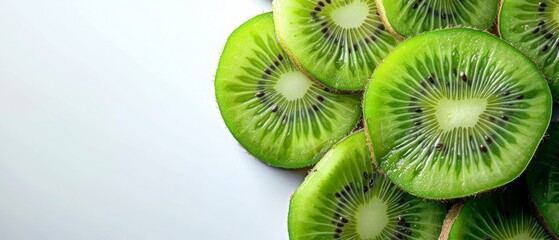 Fresh kiwi fruit slices arranged on a white background, showcasing vibrant green colors and juicy texture.