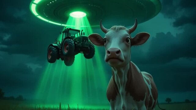 Alien Encounter in Pasture - 4K UFO Cattle Abduction Scene for Sci-Fi & Fantasy Projects  
