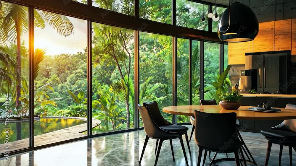 Poster modern dining area with panoramic views of a lush garden and pool.