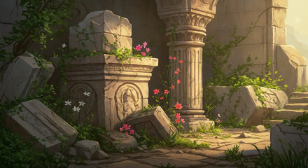 Ancient Ruins with Overgrown Vines and Colorful Flowers - Digital Illustration