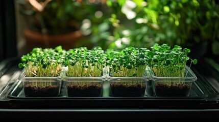 Microgreens growing in containers indoors with plants in background