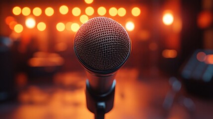 Microphone onstage at concert venue with blurred lights