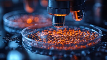 Microscope analyzing glowing beads in petri dish in lab