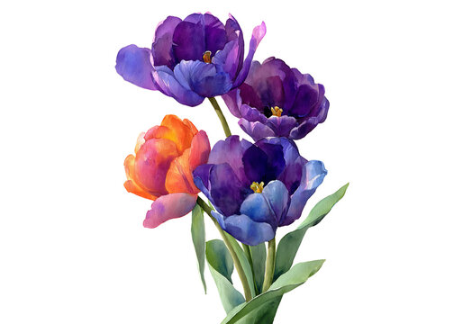 Vibrant watercolor tulips purple orange floral bouquet, On Transparent Background