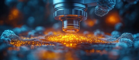 Microscope analyzing glowing particles on a surface, dark background