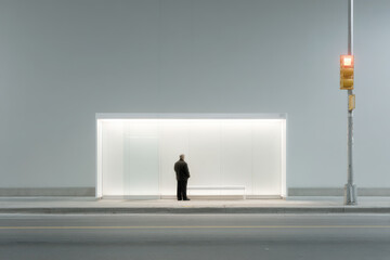 Fototapeta premium minimalist view of bus stop with single passenger waiting featuring ultrabright clean background and soft lighting