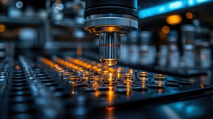 Microscope analyzing samples in lab with blurred background equipment