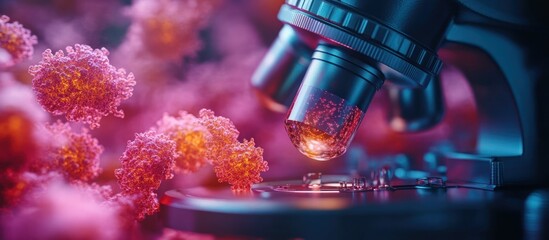 Microscope examining virus cells in lab, close-up, blurred background