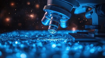 Microscope focusing on specimen,  dark lab, glittering blue light