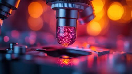 Microscope lens analyzing pink sample on slide with bokeh background