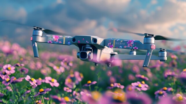 Floral drone flying over a field of pink flowers