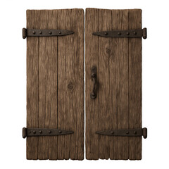 Old rustic antique wooden door with weathered wood and black metal hinge. vintage entrance creating sense of mystery and solid, timeless security from past