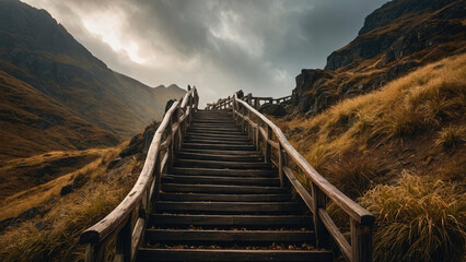 wooden stairway in the mountains, way up, stairway to the sky