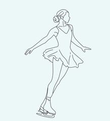 line drawing of young woman playing ice skating in the ice area 