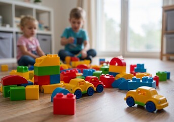 Children playing with plastic toys scattered on floor
