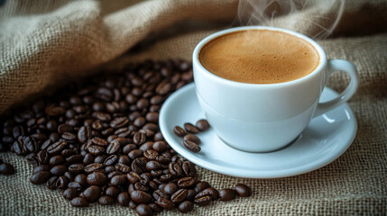 Fototapeta premium Rich aroma, timeless simplicity—a steaming white cup of coffee on a saucer, nestled among a heap of coffee beans. Captured in cinematic 